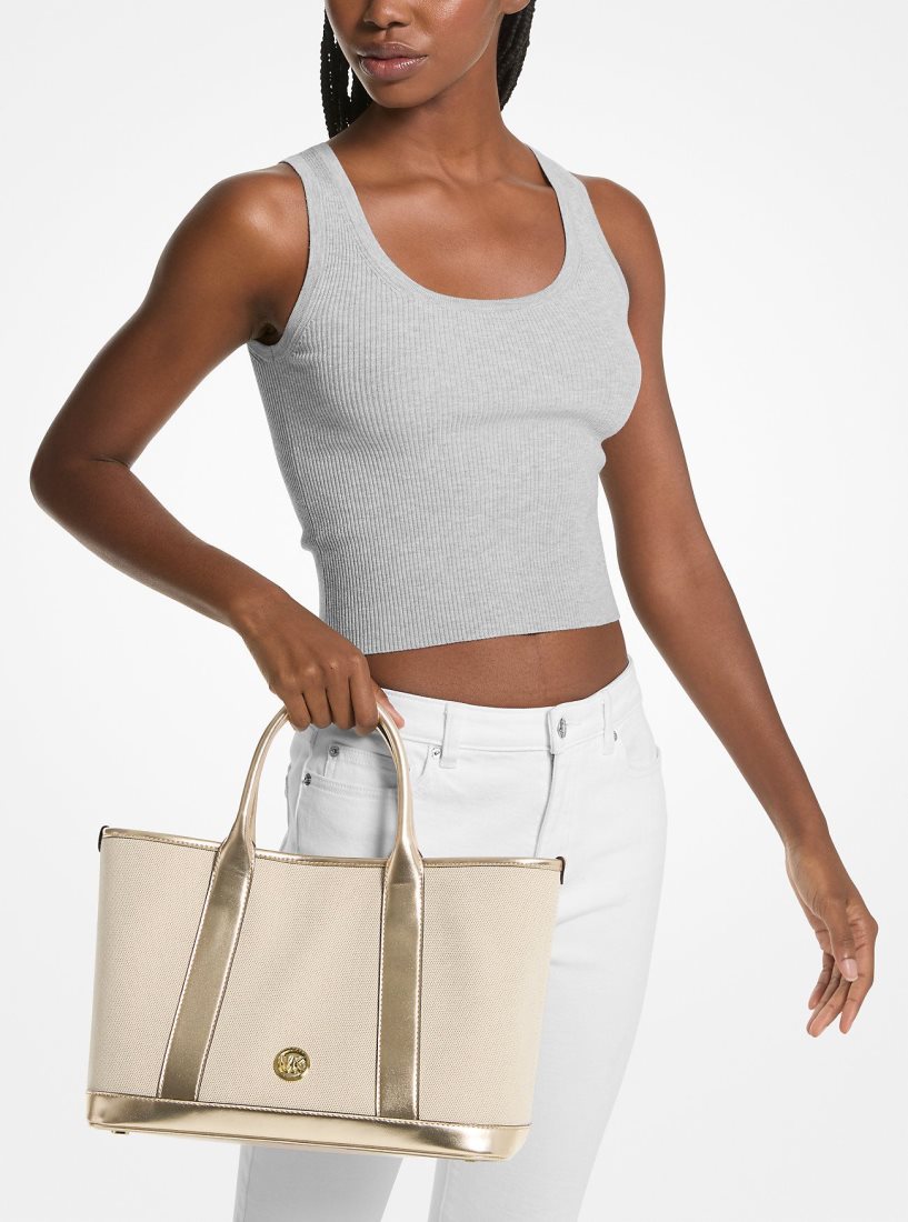 Michael Kors Luisa Medium Cotton Canvas and Metallic Satchel Satchel Çanta Kadın Altın Bej Rengi | 072648-CZT