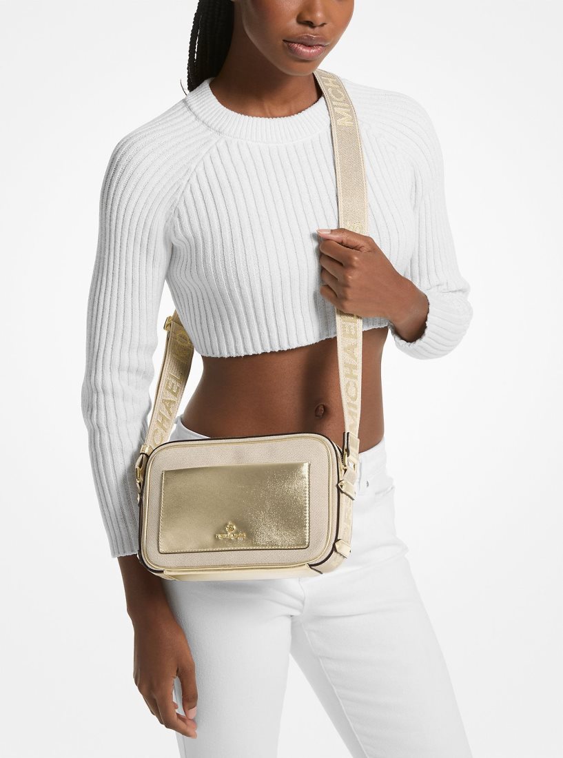 Michael Kors Maeve Large Canvas and Metallic Crossbody Bag Çapraz Çanta Kadın Altın Bej Rengi | 293650-JME