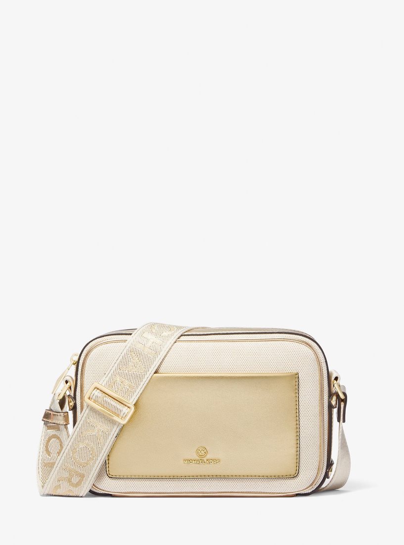 Michael Kors Maeve Large Canvas and Metallic Crossbody Bag Çapraz Çanta Kadın Altın Bej Rengi | 293650-JME