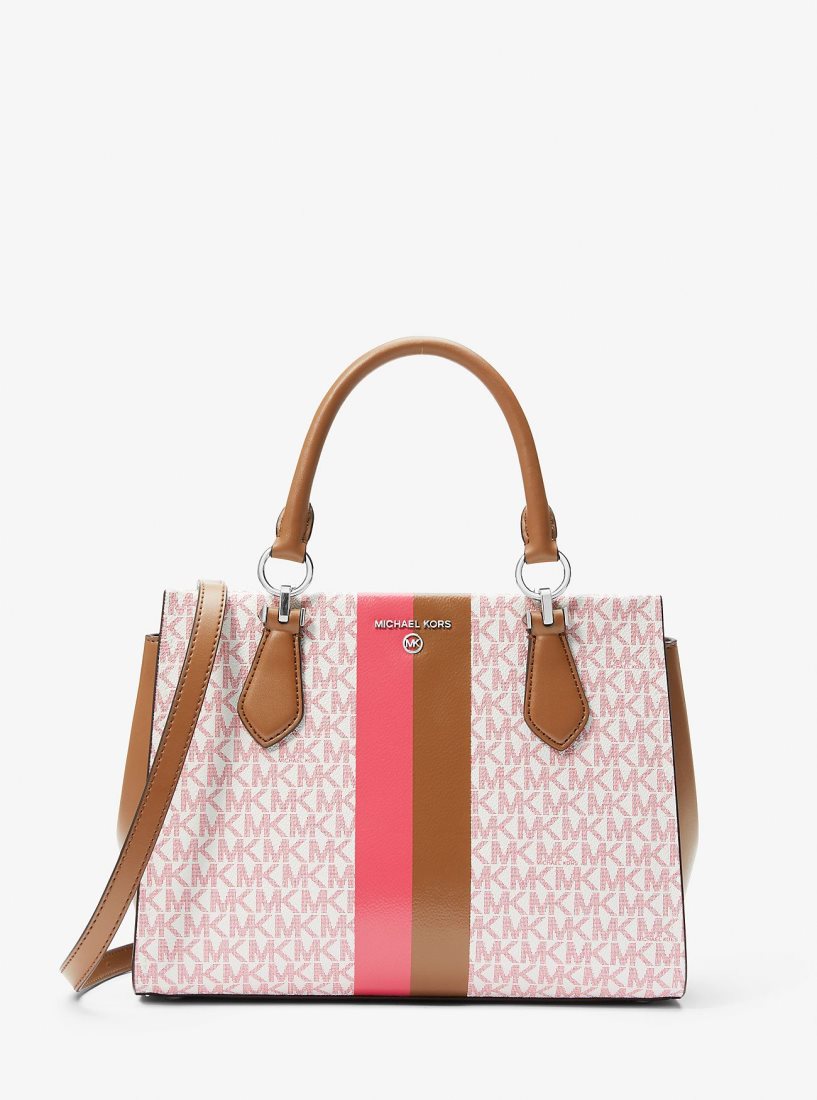 Michael Kors Marilyn Medium Logo Stripe Satchel Satchel Çanta Kadın Pembe Renkli | 429381-XOZ