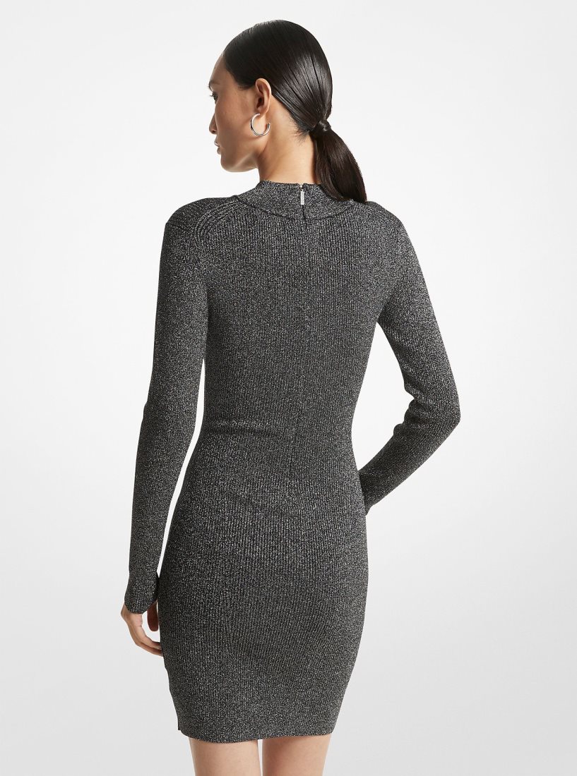 Michael Kors Metallic Ribbed Stretch Knit Mock Neck Dress Elbise Kadın Siyah Gümüş | 468709-PRA