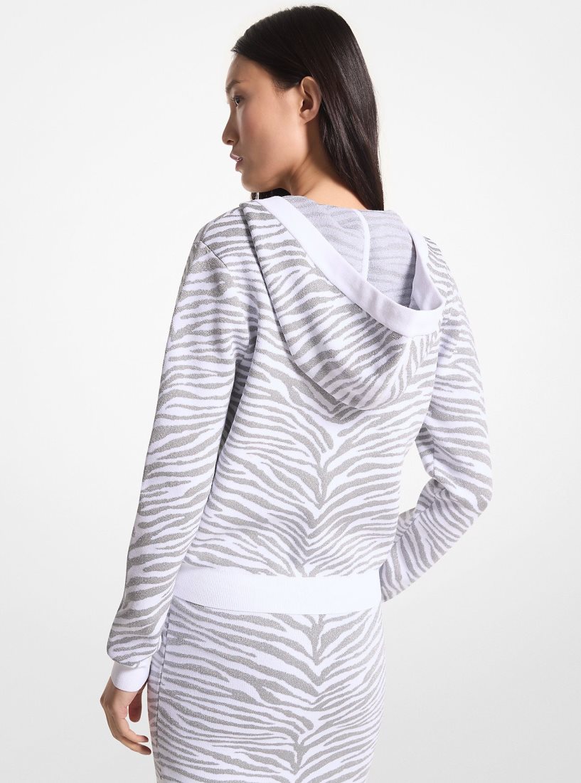 Michael Kors Metallic Zebra Jacquard Zip-Up Hoodie Kazak Kadın Beyaz Gümüş | 982047-OIP