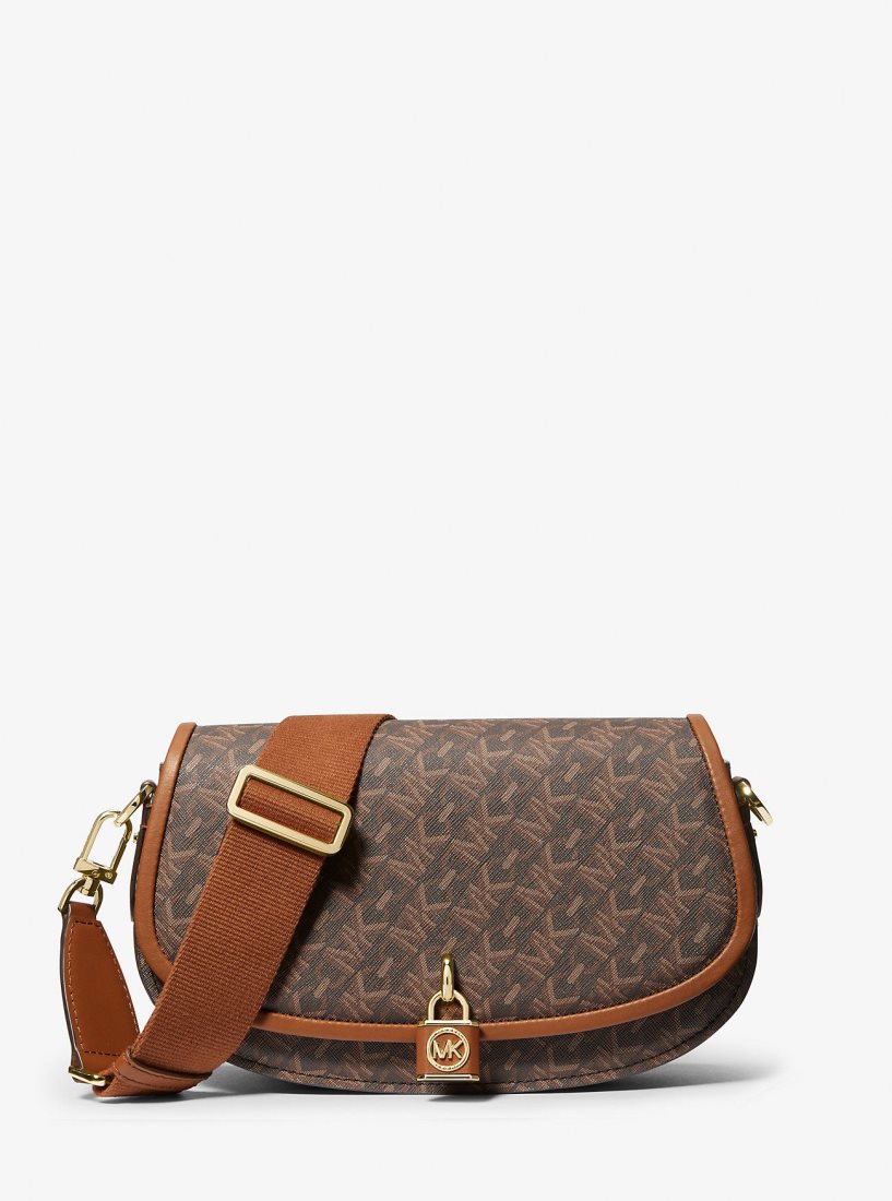 Michael Kors Mila Medium Empire Signature Logo Messenger Bag Çapraz Çanta Kadın Kahverengi | 251846-QBD