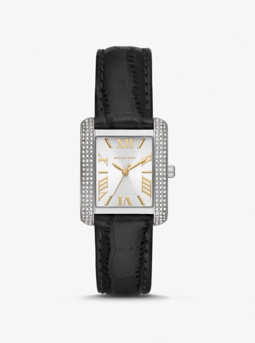 Michael Kors Mini Emery Pave Silver-Tone and Crocodile Embossed Leather Watch Silver-tone Kadın Siyah | 319864-GHR