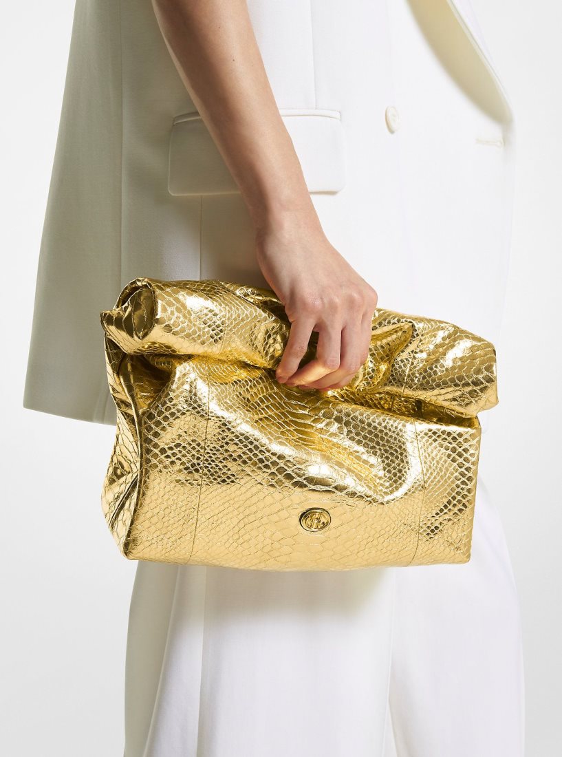 Michael Kors Monogramme Medium Metallic Python Embossed Leather Lunch Box Clutch Debriyaj Çanta Kadın Altın | 850679-HYW