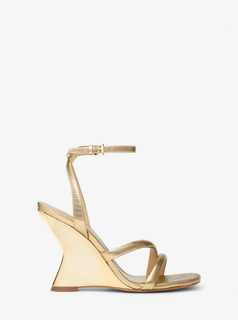 Michael Kors Nadina Metallic Lizard Embossed Leather Wedge Sandal Sandalet Kadın Altın | 150493-QPX