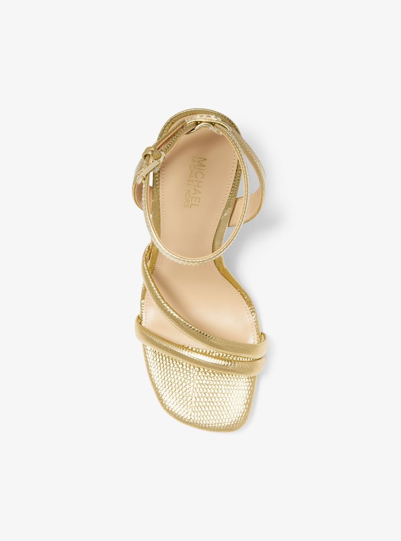 Michael Kors Nadina Metallic Lizard Embossed Leather Wedge Sandal Sandalet Kadın Altın | 150493-QPX