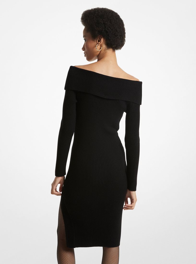 Michael Kors Off-The-Shoulder Ribbed Wool and Cashmere Dress Elbise Kadın Siyah | 718536-YDS