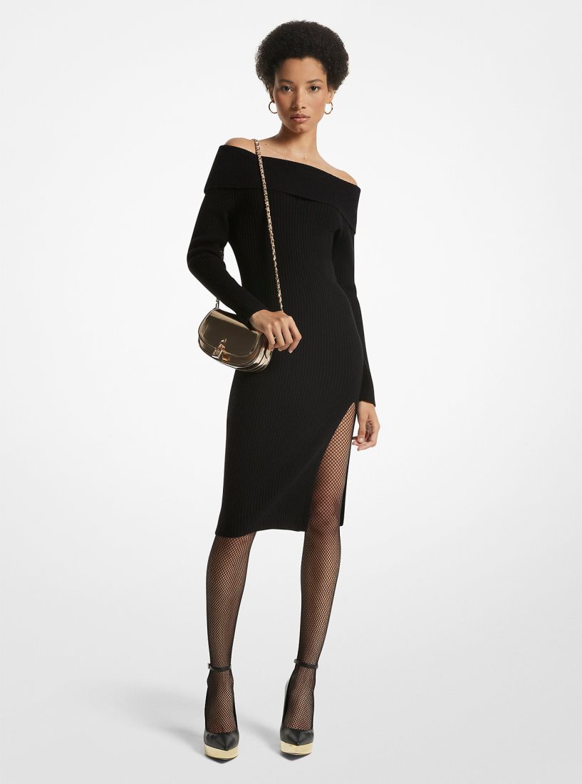 Michael Kors Off-The-Shoulder Ribbed Wool and Cashmere Dress Elbise Kadın Siyah | 718536-YDS