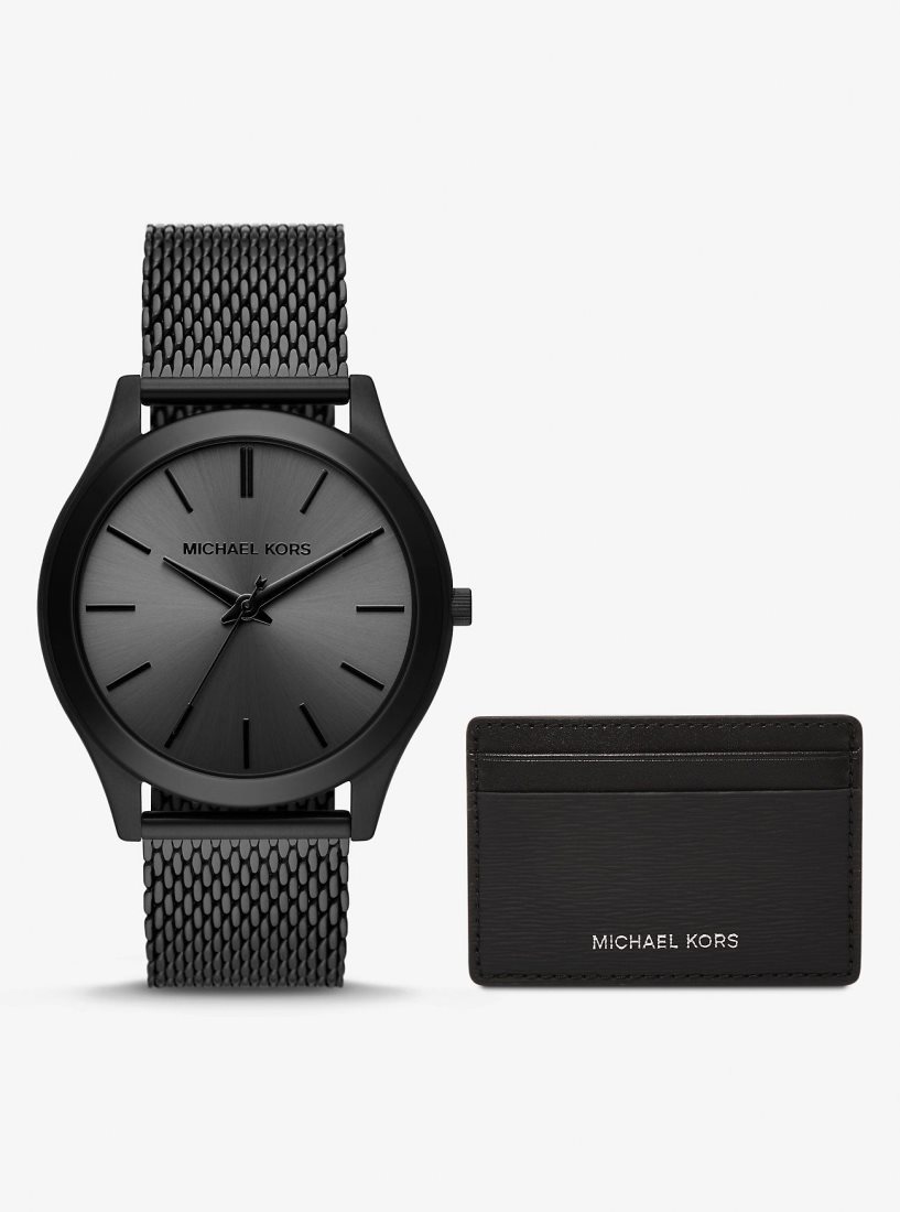 Michael Kors Oversized Slim Runway Black-Tone Watch and Card Case Gift Set Kart Kılıfı Erkek Siyah | 745986-NEL