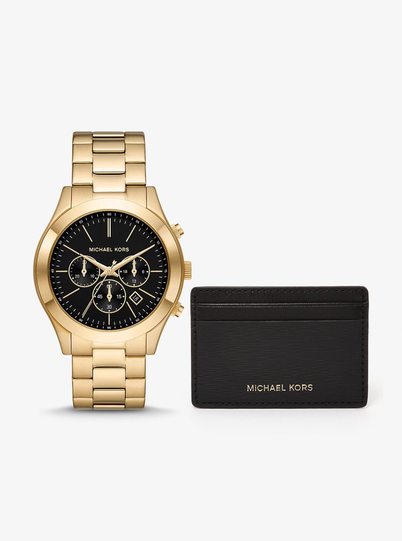 Michael Kors Oversized Slim Runway Watch and Card Case Gift Set Kart Kılıfı Kadın Siyah Altın | 476839-RUO