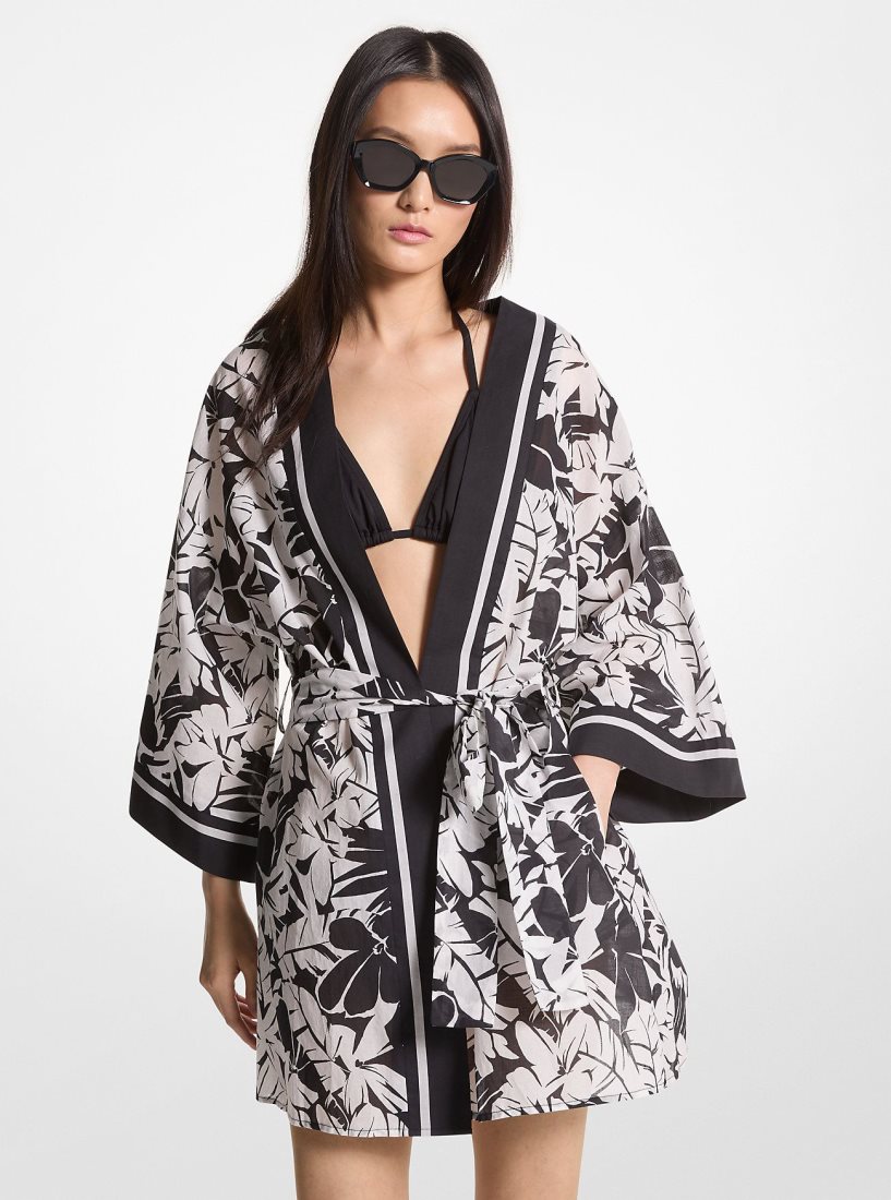 Michael Kors Palm Print Cotton Cover-Up Mayo Kadın Siyah Beyaz | 189603-DXP