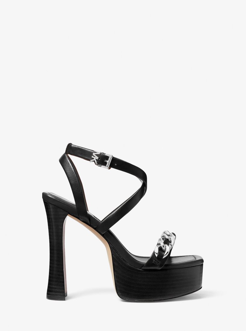 Michael Kors Paola Chain Embellished Leather Platform Sandal Sandalet Kadın Siyah | 947805-UXH