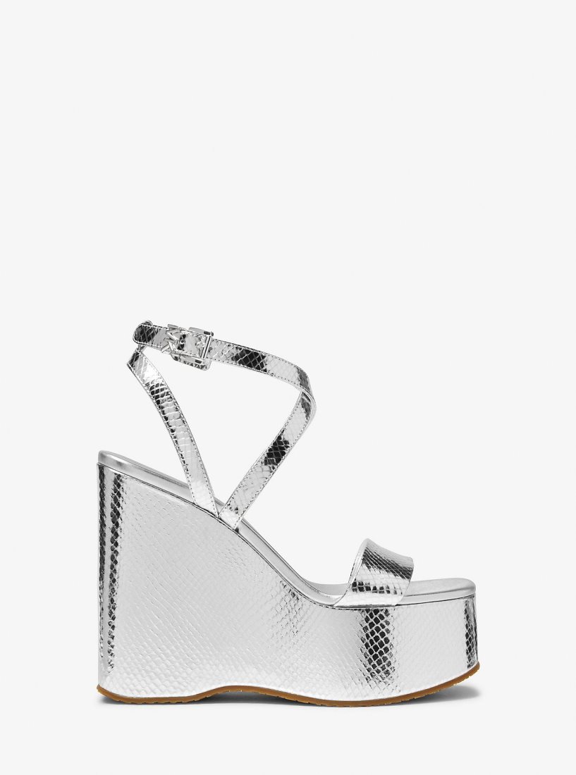 Michael Kors Paola Metallic Snake Embossed Leather Wedge Sandal Dolgu Topuklu Kadın Gümüş | 681934-LAD