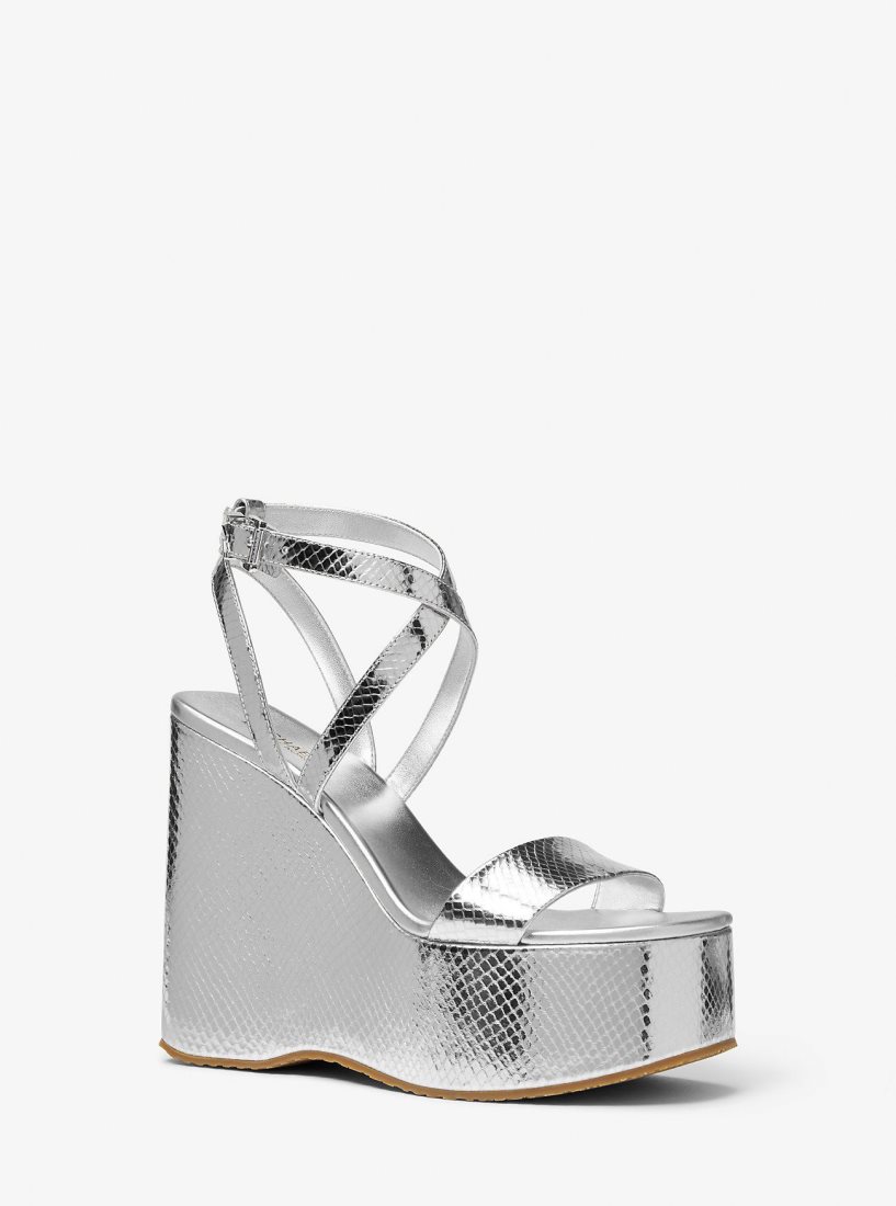 Michael Kors Paola Metallic Snake Embossed Leather Wedge Sandal Dolgu Topuklu Kadın Gümüş | 681934-LAD