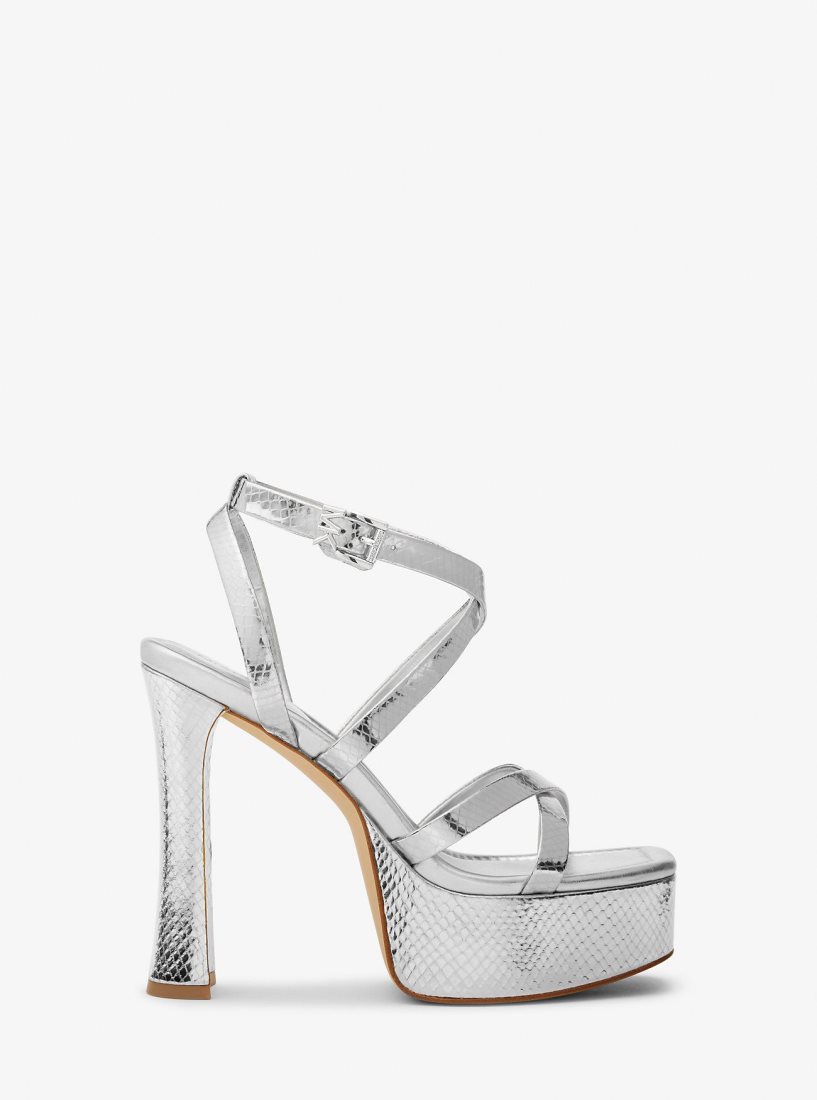 Michael Kors Paola Metallic Snake Embossed Leather Platform Sandal Sandalet Kadın Gümüş | 302568-QUW