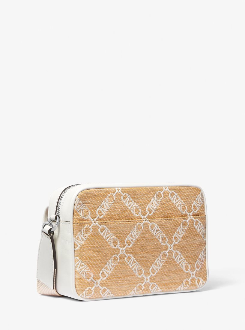 Michael Kors Parker Medium Empire Logo Jacquard Straw Crossbody Bag Çapraz Çanta Kadın Nat/Opticwht | 987543-LGX