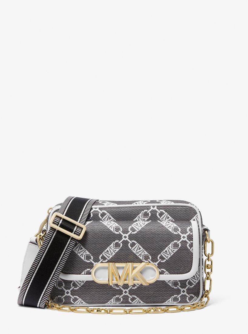 Michael Kors Parker Medium Empire Logo Jacquard Crossbody Bag Çapraz Çanta Kadın Siyah Beyaz | 190837-UCY