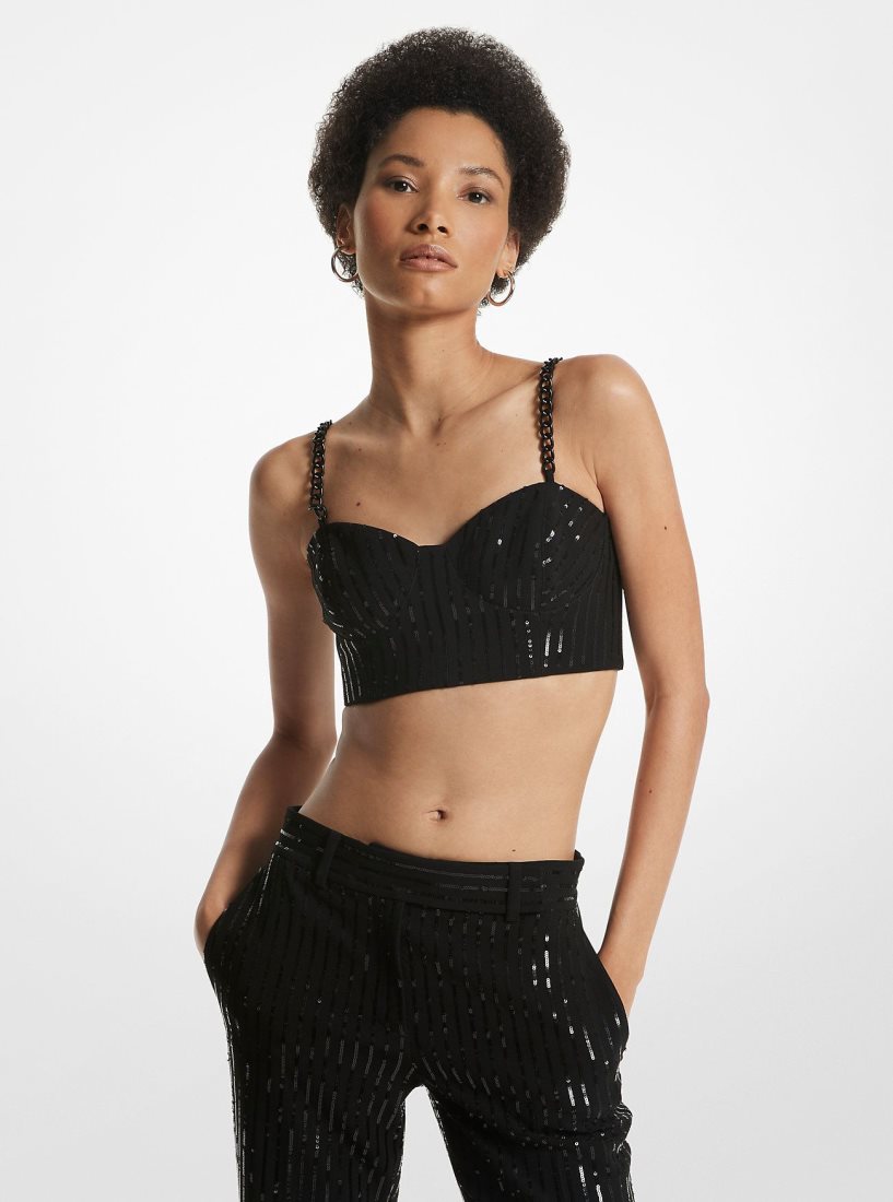 Michael Kors Pinstripe Sequined Crepe Bustier Top Üstler Kadın Siyah | 548729-DCL