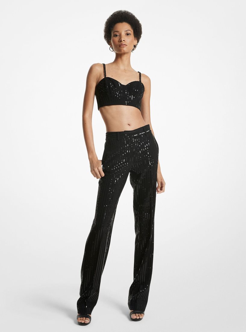 Michael Kors Pinstripe Sequined Crepe Straight-Leg Pants Pantolon Kadın Siyah | 675489-IJT