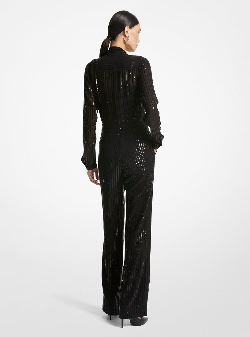 Michael Kors Pinstripe Sequined Georgette Jumpsuit Elbise Kadın Siyah | 647302-LBI