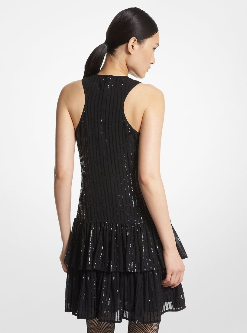 Michael Kors Pinstripe Sequined Georgette Halter Dress Elbise Kadın Siyah | 946837-DHJ