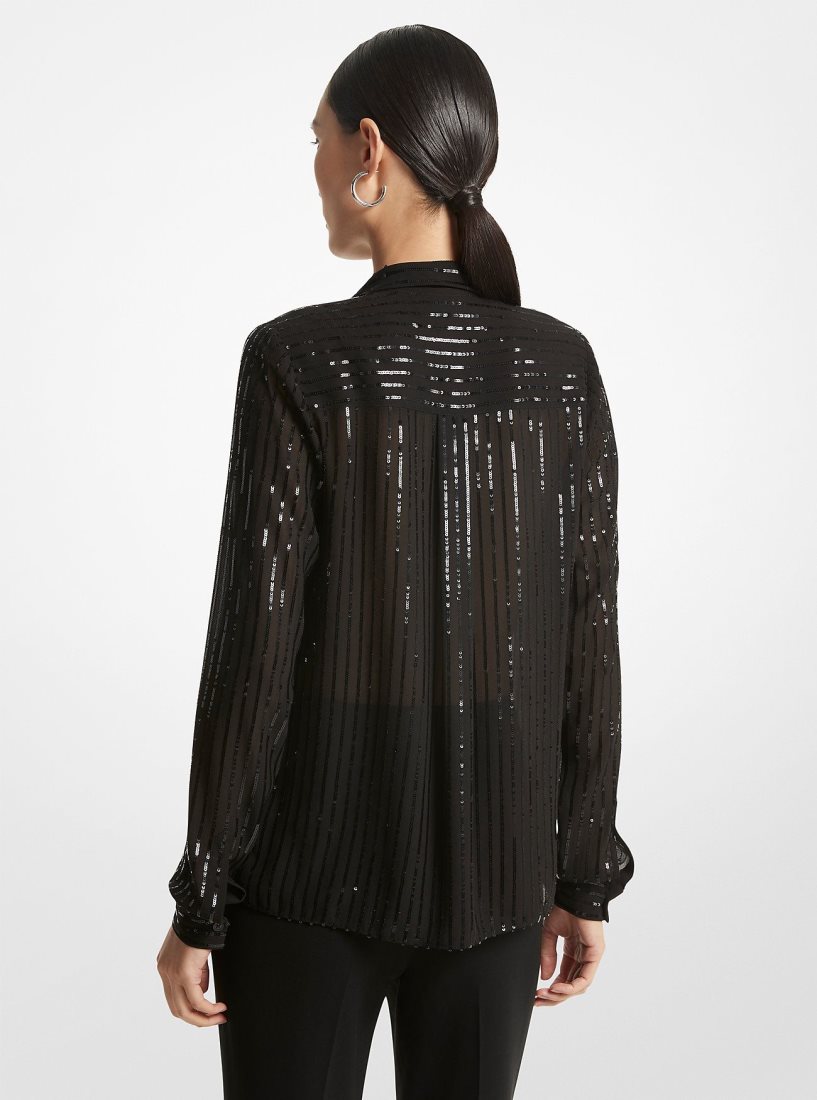 Michael Kors Pinstripe Sequined Georgette Tie-Neck Blouse Üstler Kadın Siyah | 547896-ONH