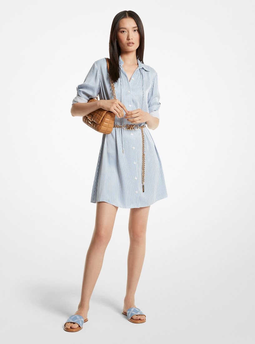 Michael Kors Pinstriped Satin Belted Shirtdress Elbise Kadın Blueberry | 501486-PFH