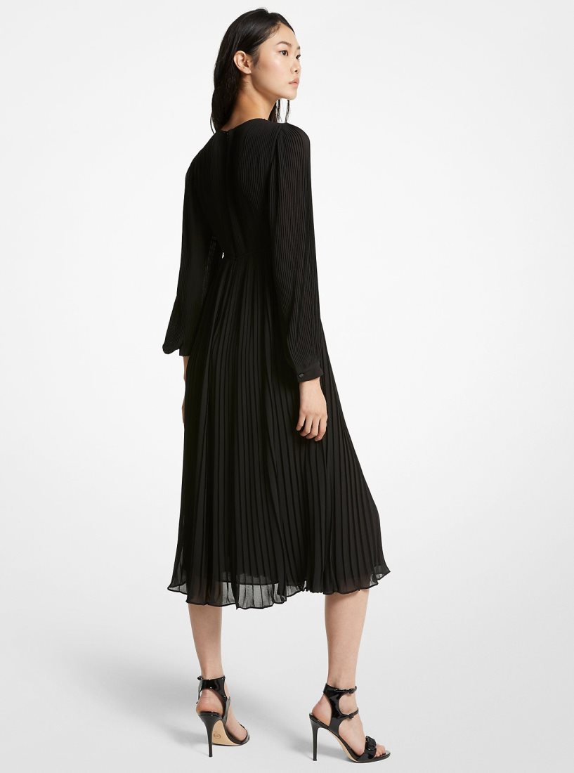 Michael Kors Pleated Georgette Midi Dress Elbise Kadın Siyah | 364215-VBF