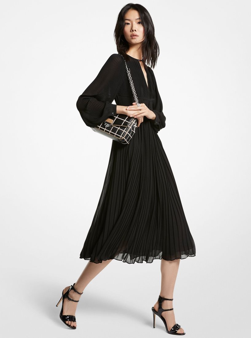 Michael Kors Pleated Georgette Midi Dress Elbise Kadın Siyah | 364215-VBF