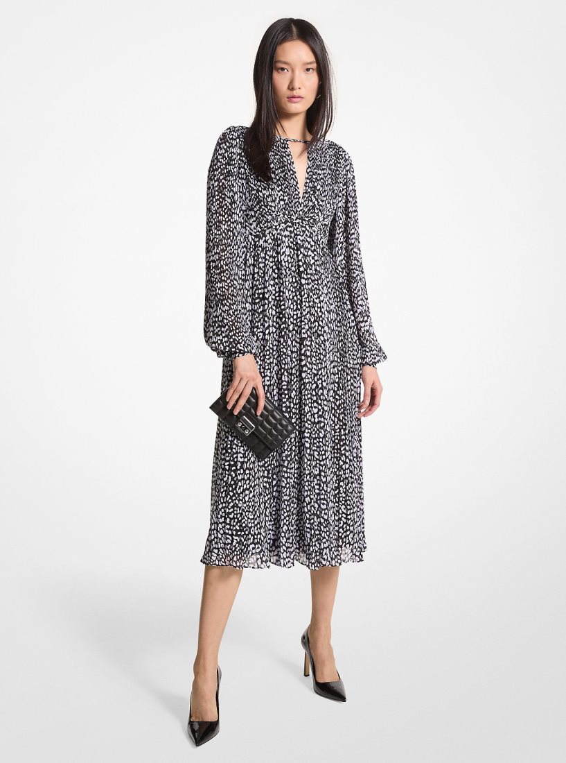 Michael Kors Pleated Leopard Print Georgette Midi Dress Elbise Kadın Siyah Beyaz | 679158-VXK