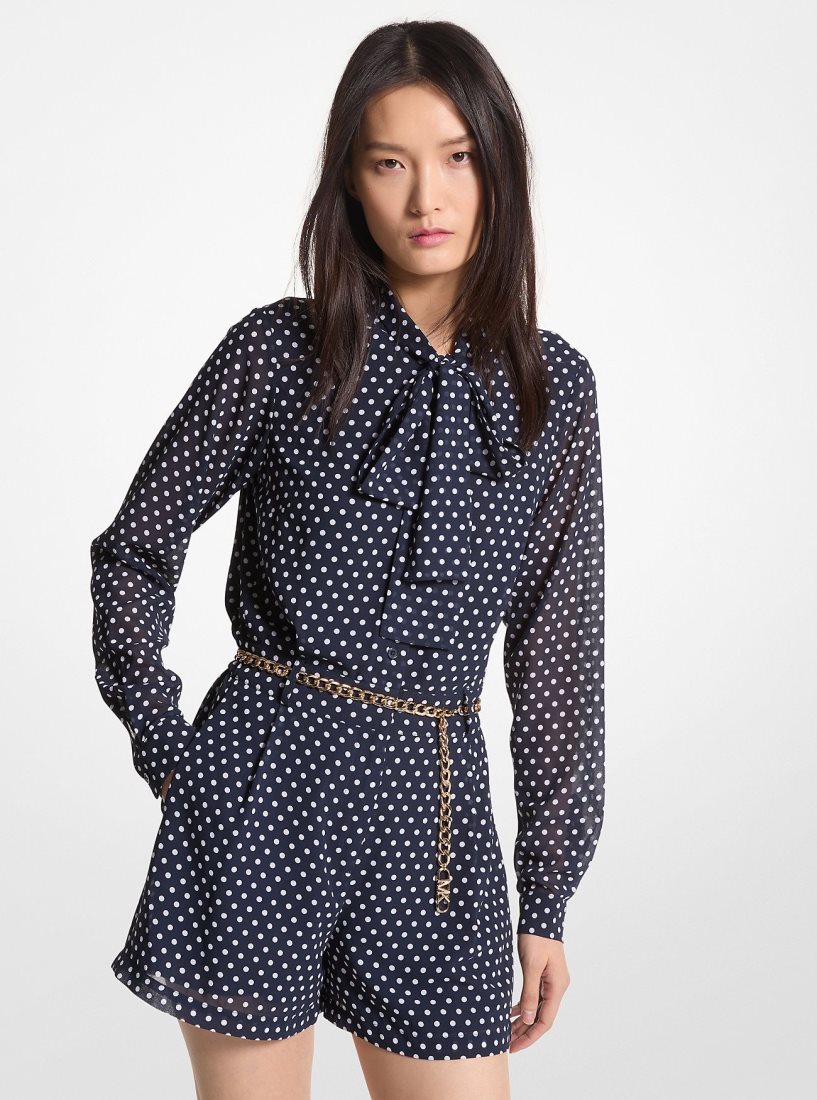 Michael Kors Polka Dot Georgette Belted Tie-Neck Romper Elbise Kadın Midnightblue | 714062-LPF