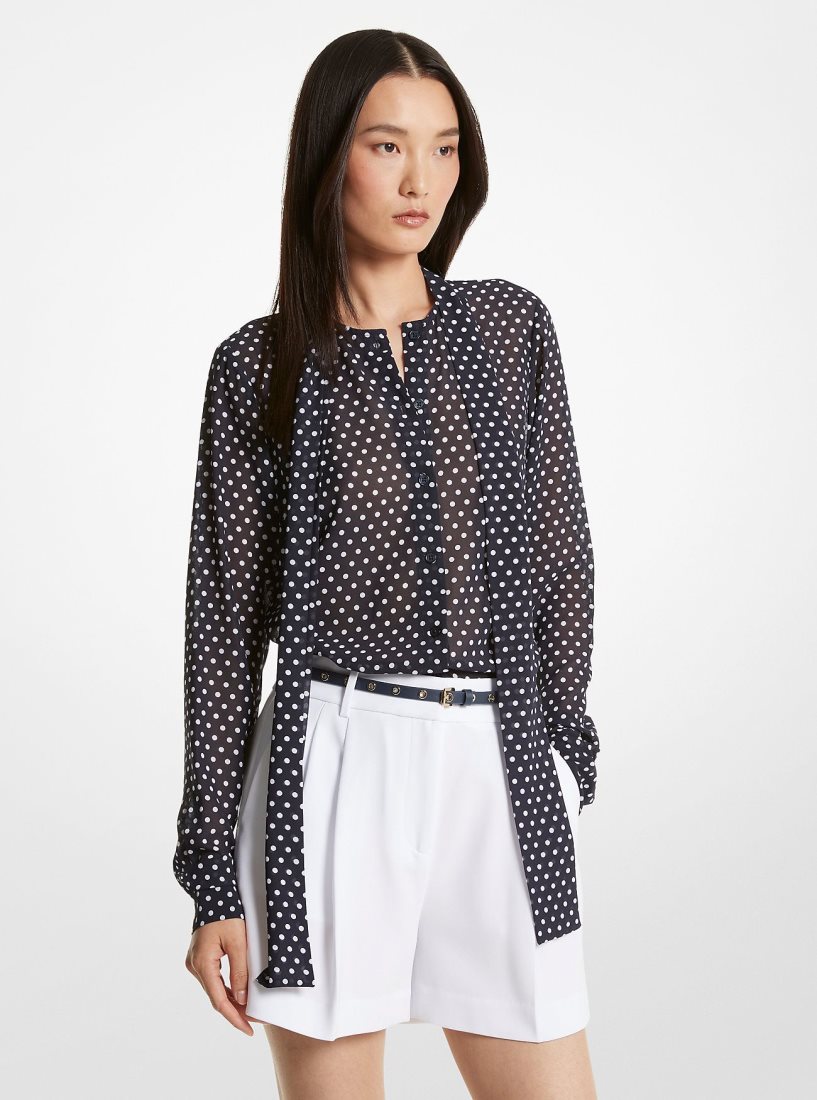 Michael Kors Polka Dot Georgette Tie-Neck Blouse Üstler Kadın Midnightblue | 679512-QIZ