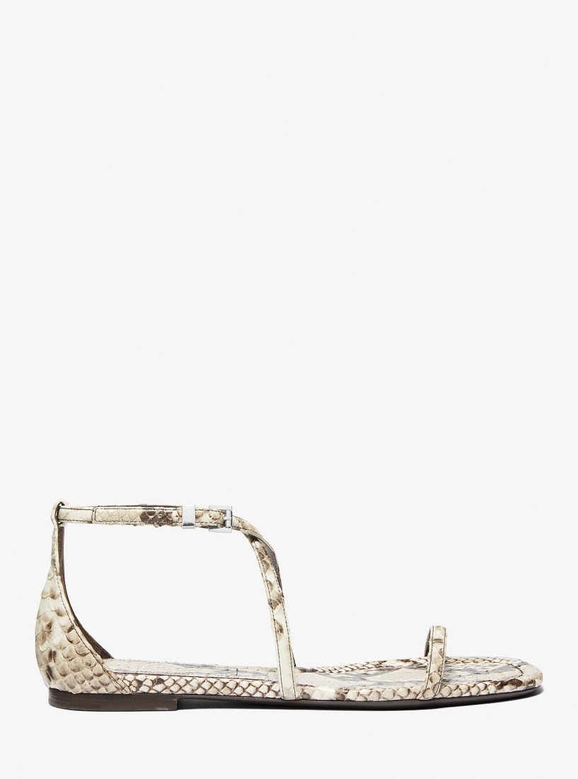 Michael Kors Polly Python Embossed Leather Sandal Düz Ayakkabı Kadın Bej Rengi | 890345-GAP