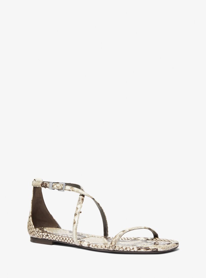 Michael Kors Polly Python Embossed Leather Sandal Düz Ayakkabı Kadın Bej Rengi | 890345-GAP