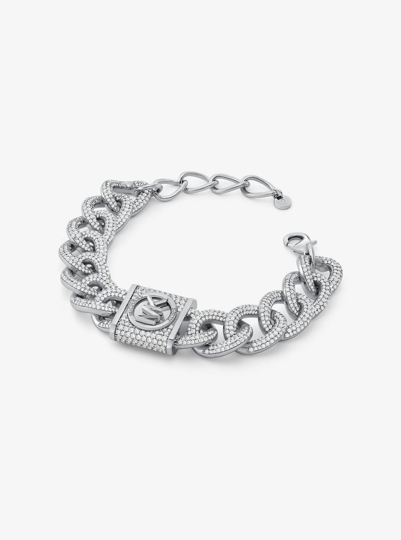 Michael Kors Precious Metal-Plated Brass Pave Lock Curb Link Bracelet Bilezik Kadın Gümüş | 937651-ZMF