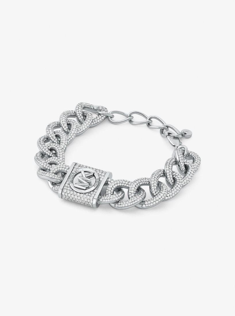 Michael Kors Precious Metal-Plated Brass Pave Lock Curb Link Bracelet Bilezik Kadın Gümüş | 937651-ZMF