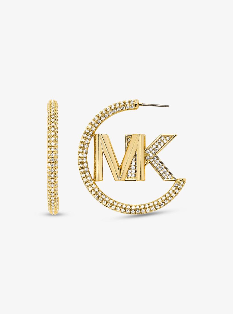 Michael Kors Precious Metal-Plated Brass Pave Logo Hoop Earrings Küpe Kadın Altın | 976014-MIZ