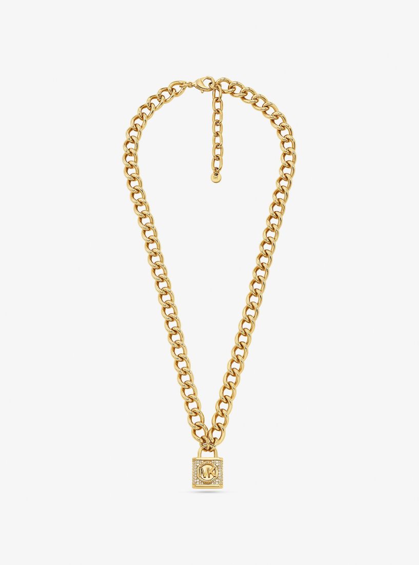 Michael Kors Precious Metal-Plated Brass Pave Lock Necklace Kolye Kadın Altın | 326719-QOE