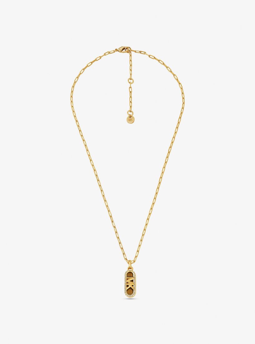 Michael Kors Precious Metal-Plated Brass and Acetate Pave Empire Logo Necklace Kolye Kadın Altın | 350721-ONZ