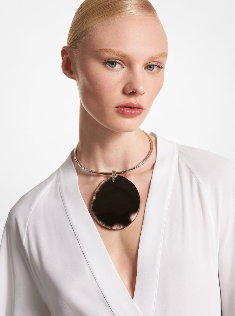 Michael Kors Precious Metal-Plated Brass and Agate Collar Necklace Kolye Kadın Siyah Gümüş | 596234-EFW