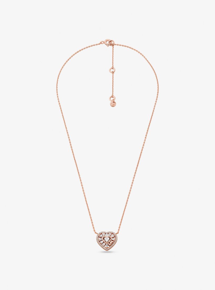 Michael Kors Precious Metal-Plated Sterling Silver Pave Heart Necklace Kolye Kadın Pembe Altın | 512693-YEZ