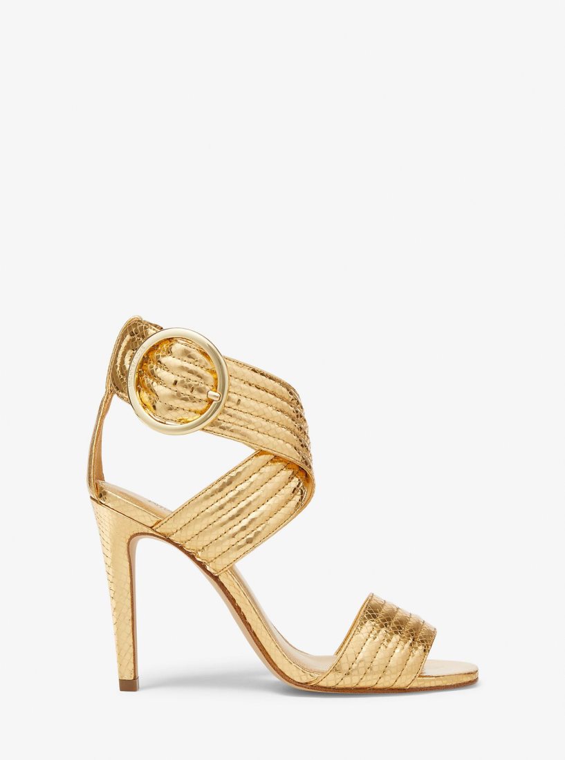 Michael Kors Remi Metallic Snake Embossed Leather Sandal Sandalet Kadın Altın | 569274-UPL