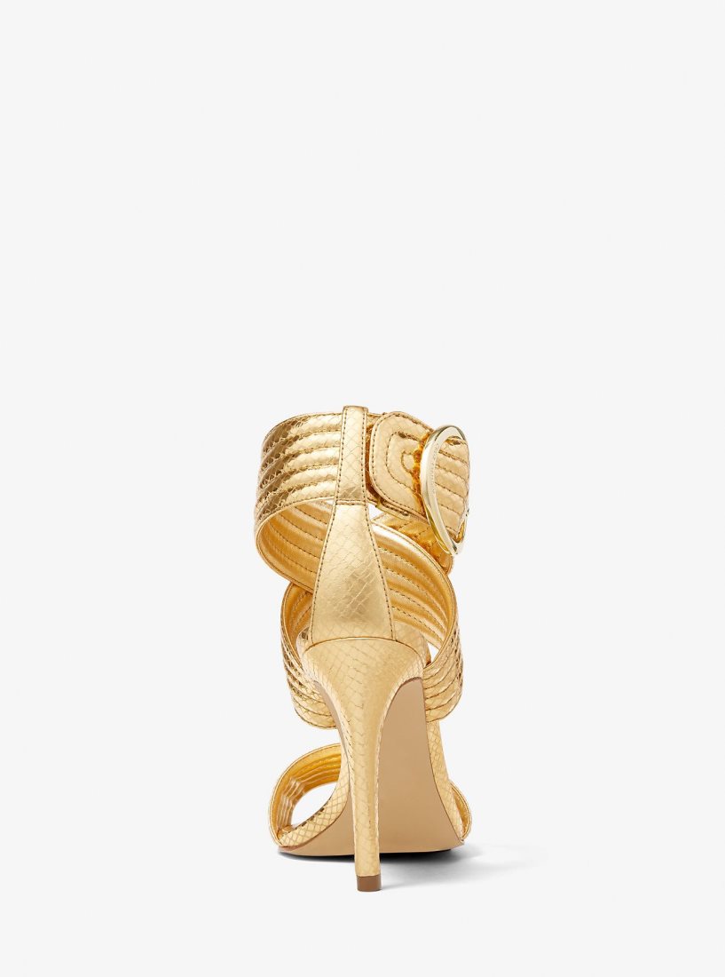 Michael Kors Remi Metallic Snake Embossed Leather Sandal Sandalet Kadın Altın | 569274-UPL