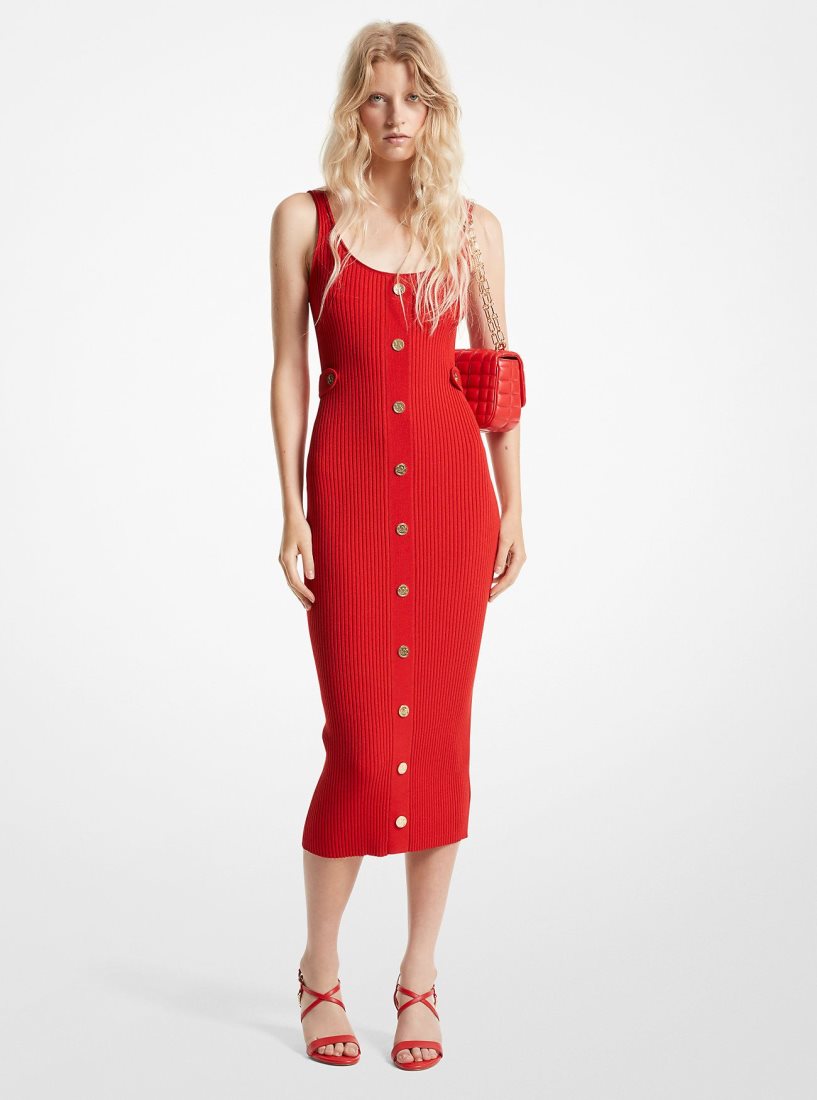 Michael Kors Ribbed Stretch Knit Midi Dress Elbise Kadın Kırmızı | 280946-TEB