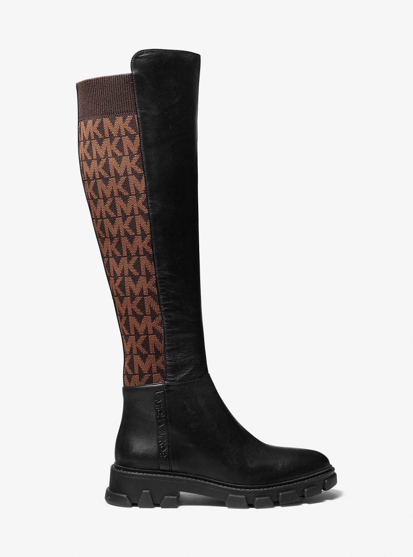 Michael Kors Ridley Leather and Logo Jacquard Knee Boot Bot Kadın Kahverengi | 562430-KZB