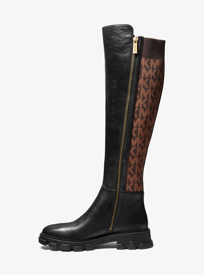 Michael Kors Ridley Leather and Logo Jacquard Knee Boot Bot Kadın Kahverengi | 562430-KZB