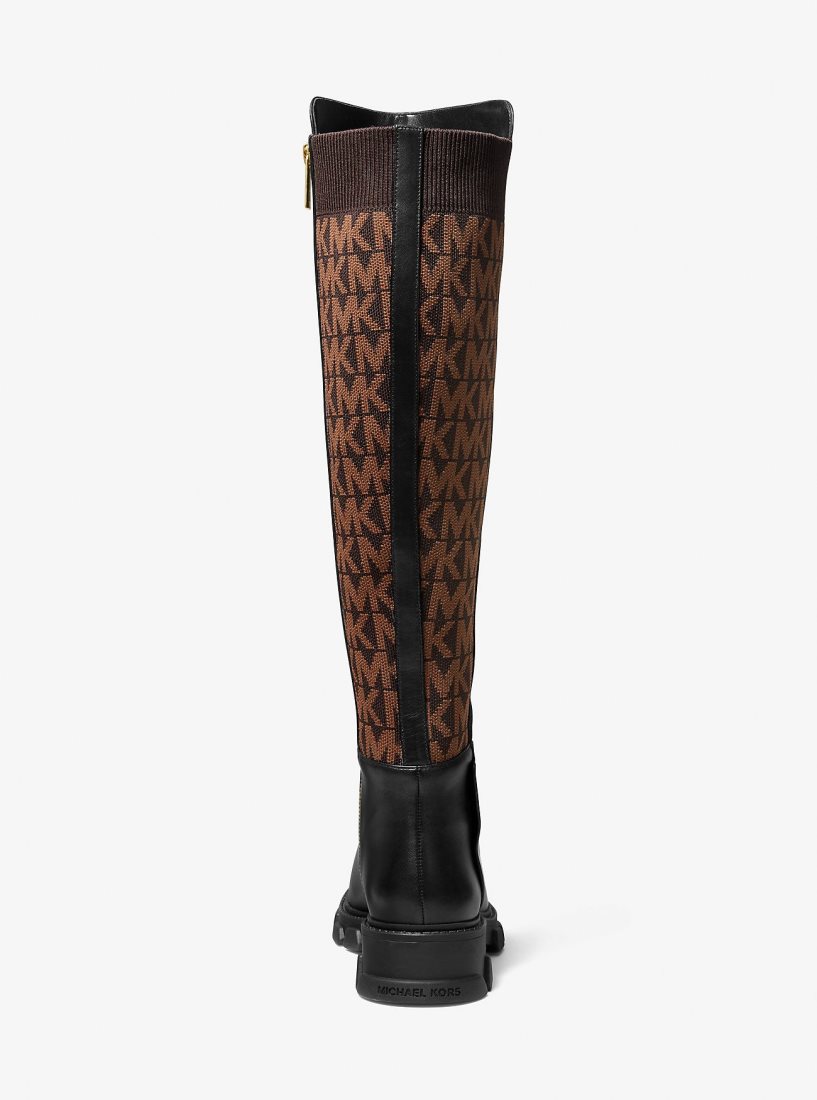 Michael Kors Ridley Leather and Logo Jacquard Knee Boot Bot Kadın Kahverengi | 562430-KZB