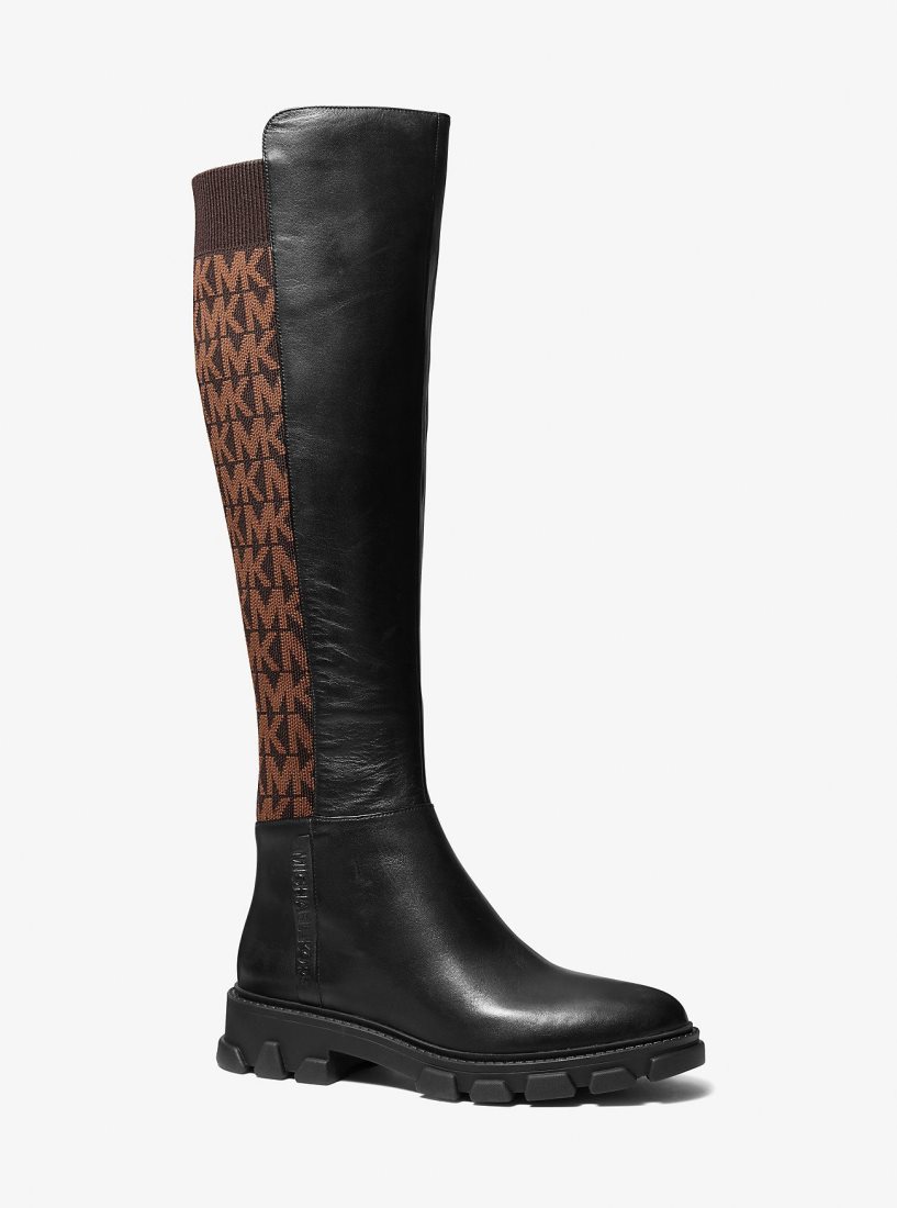 Michael Kors Ridley Leather and Logo Jacquard Knee Boot Bot Kadın Kahverengi | 562430-KZB