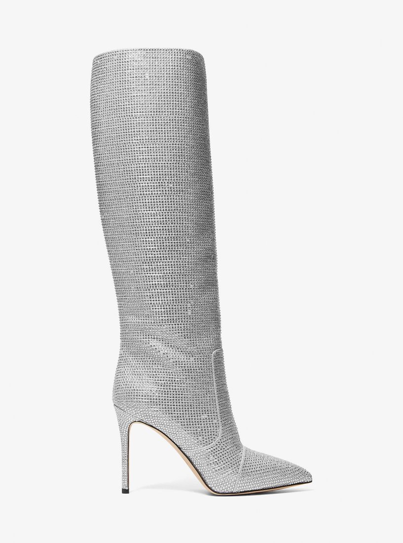 Michael Kors Rue Embellished Glitter Chain-Mesh Knee Boot Bot Kadın Gümüş | 956478-LDQ